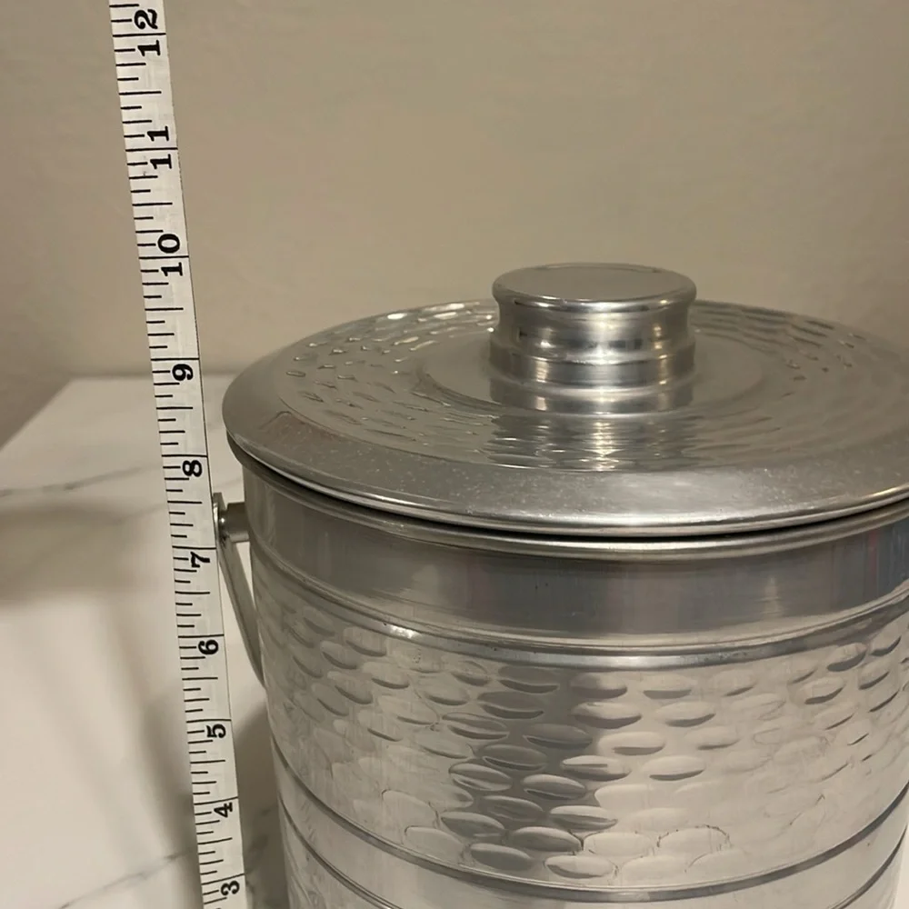 1950’s hammered aluminum ice bucket with lid, handle & tongs. NASCO Italy